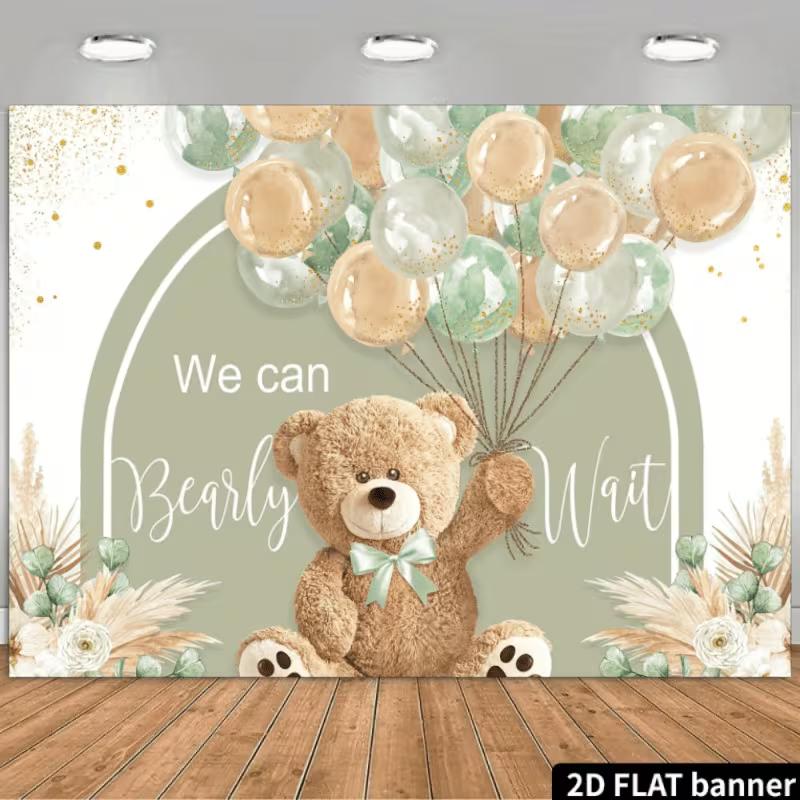 2D Bearly Wait Background Banner, Sage Green Arch & Teddy Bear Backdrop for Baby Shower Photoshoot 47.2x31.5inch/120*80cm