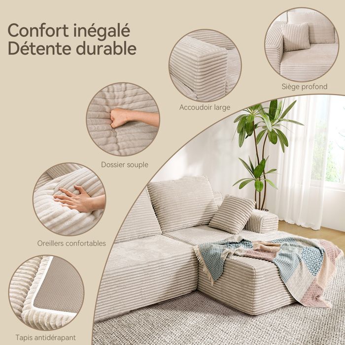 Right Corner Sofa 263x171x 59cm, Free Combination, Without Assembly 4-seater L-shaped Sofa with Beige Corduroy Chaise Longue
