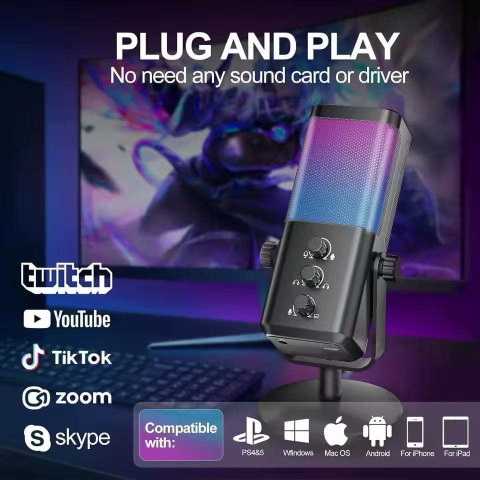 USB Spiele Mikrofon mit Spiel-Chat-Balance, RGB Kondensatormikrofon mit Hall/Rauschunterdrückung/Monitoring-Mikrofon, für Streaming