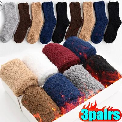 1/3Pairs Winter Men's Fleece Socks Thermal Coral Fleece Pure Color Warm Thicken Soft Mid-tube Floor Home Sleep Socks for Women