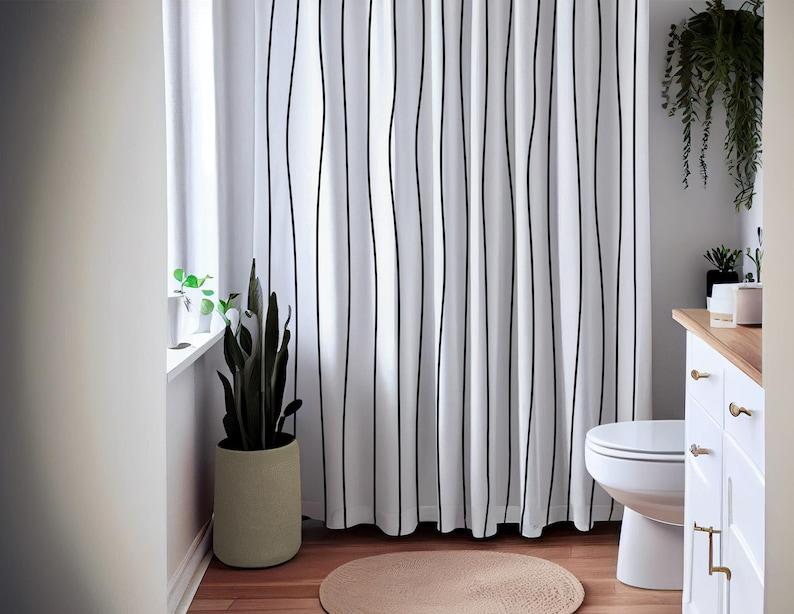 Wavy Vertical Line Shower Curtain – Minimalist Black on White Modern Bathroom Decor Custom Size Available