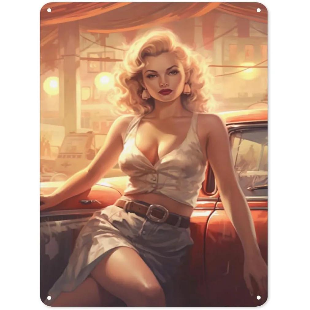 Metall Blechschilder Pinup Auto Mädchen Wanddekoration Plakette Vintage Kunst Poster Eisenmalerei für Man Cave Zuhause Café Garage Club Bar