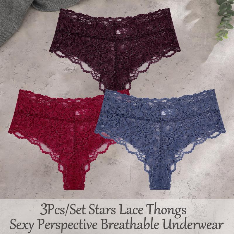 FINETOO 3Pcs Sexy Lace Star Perspective Thongs Panties Women High Waist Breathable Underwear Female Soft Intimates Lingerie 2026
