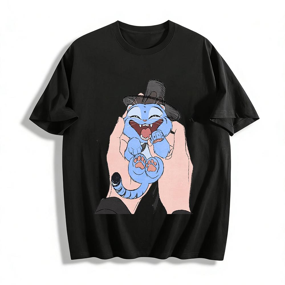 Cute Blue Cat In Hat Graphic Tee Funny Face-holding Cat Print Casual Top For Men Women Pure cotton T-shirt XXS