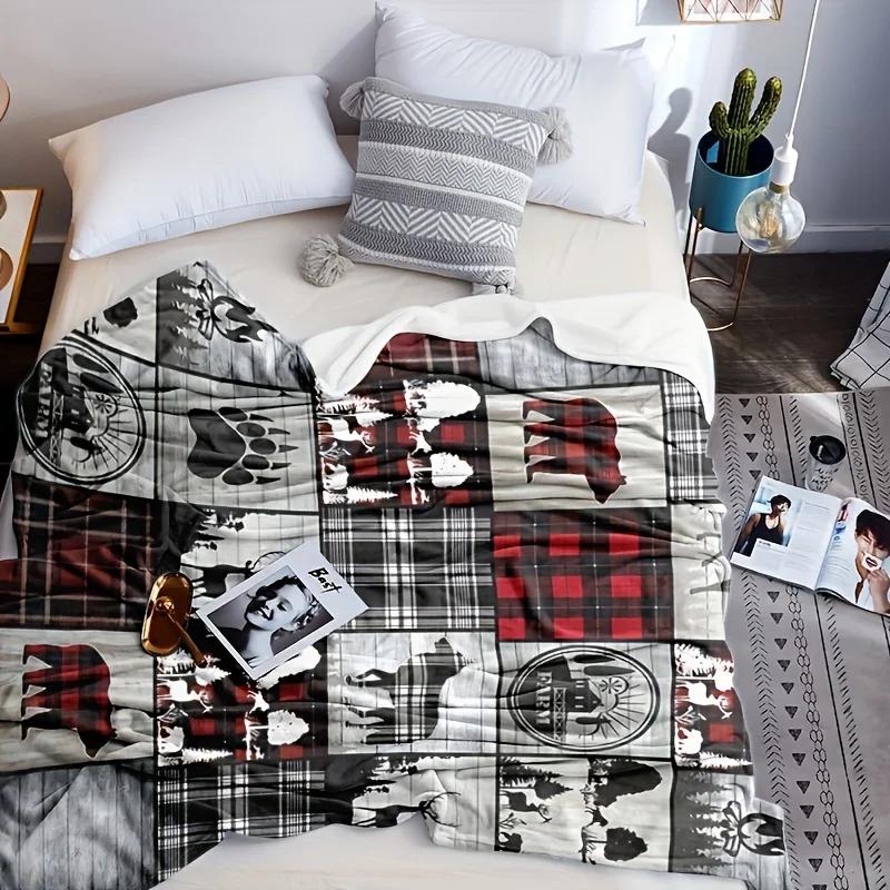 1PC country-style flannel blanket with bear paw and deer patterns - soft, tear-resistant, all-season, suitable for sofas, office