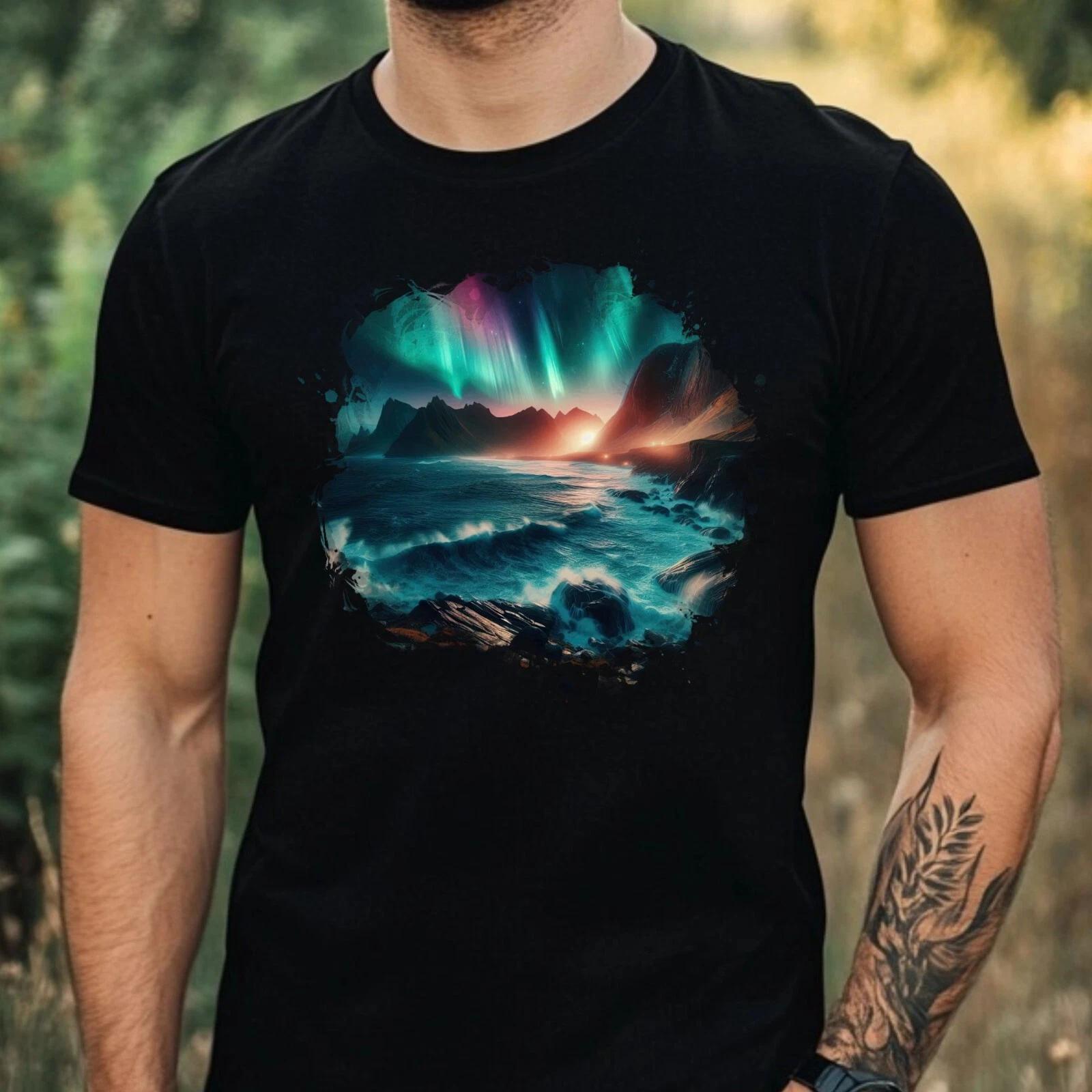 T-Shirt Herren Aquarell Nordlicht Motiv Baumwolle Größe XS bis 5XL L