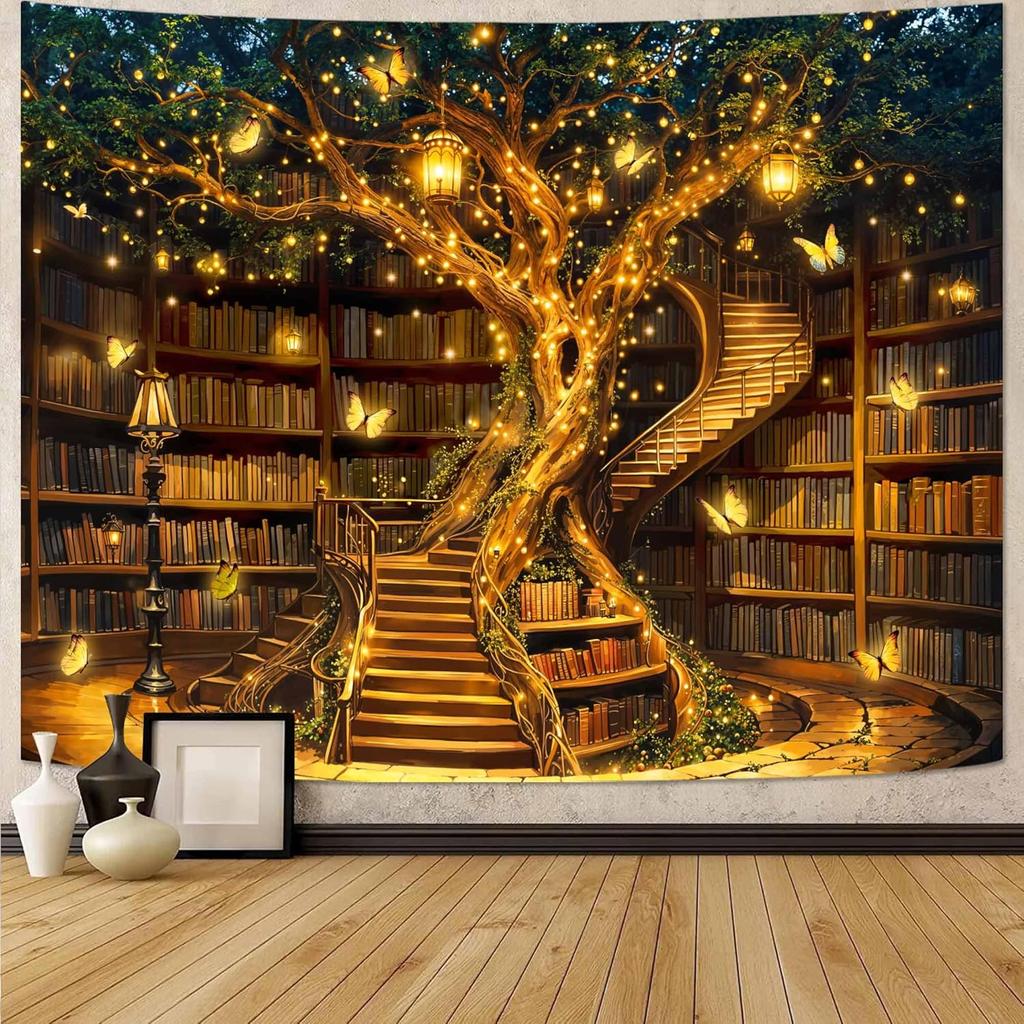 Spenlife Magical Library Tree Of Life Wall Tapestry, Fantasy Bookshelf Tree Tapestries For Room Decor, Enchanted Tapestry