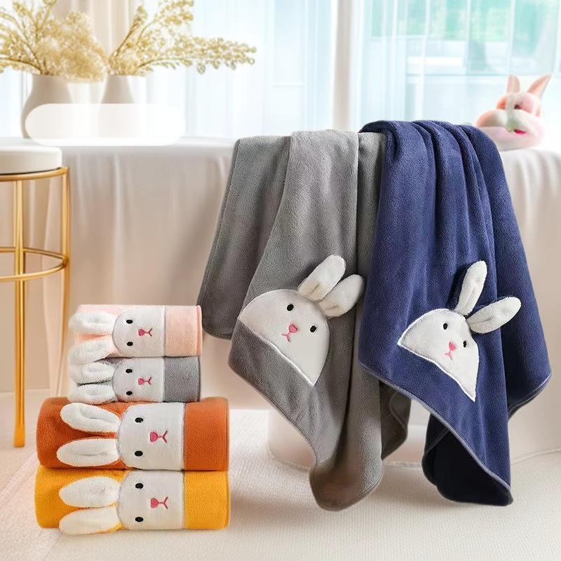 Coral Fleece Cartoon Rabbit 3D Quick-Dry Absorbent Bath Towel Set for Kids & Couples