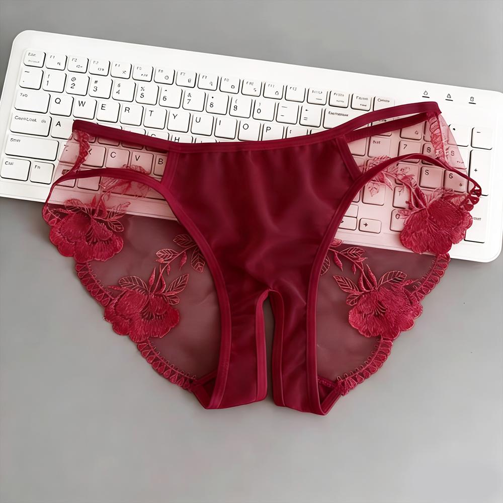 Sexy Lingerie Women Panties Flower Embroidery Transparent Underwear Open Crotch Briefs Mesh Hollow Underpants