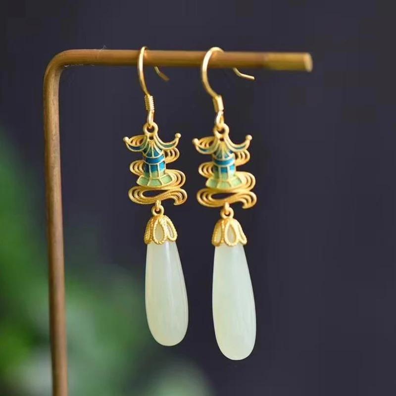 Originale neue alte Goldschmiedekunst natürliche Hetian-Jade Tropfenohrringe chinesischer Stil Retro-Charme Damen Markenschmuck