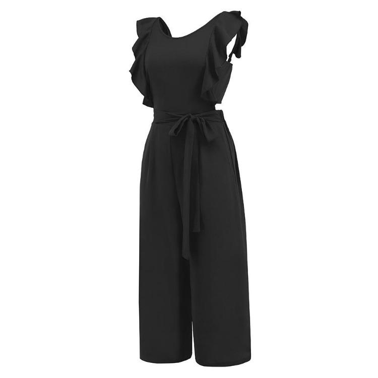Summer Women Lace Up Ruffle Sleeveless Jumpsuit Solid Color Straight Trousers Fashion Trendy Outfit