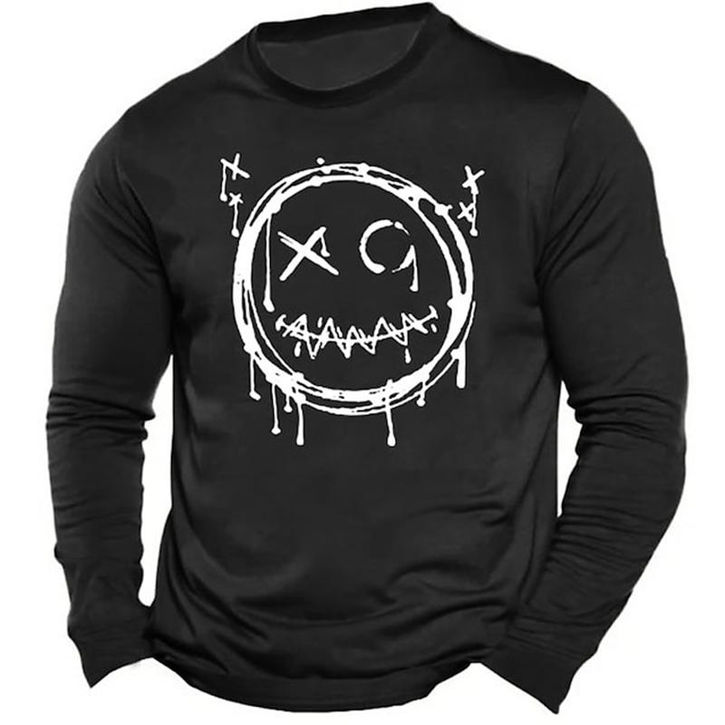 Men's Casual Autumn Breathable Long Sleeve Crewneck Printed Evil Smiley Face Pattern Clothing Y2K Top Men's Long Sleeve