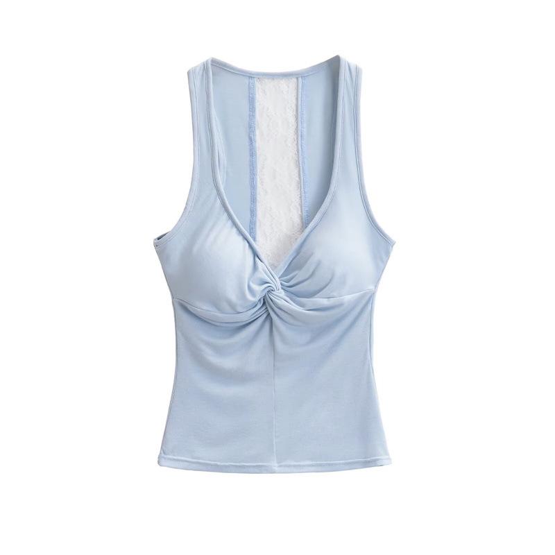 Pure Desire Lace Patchwork V-Neck Open Back Tank Top Medium синий