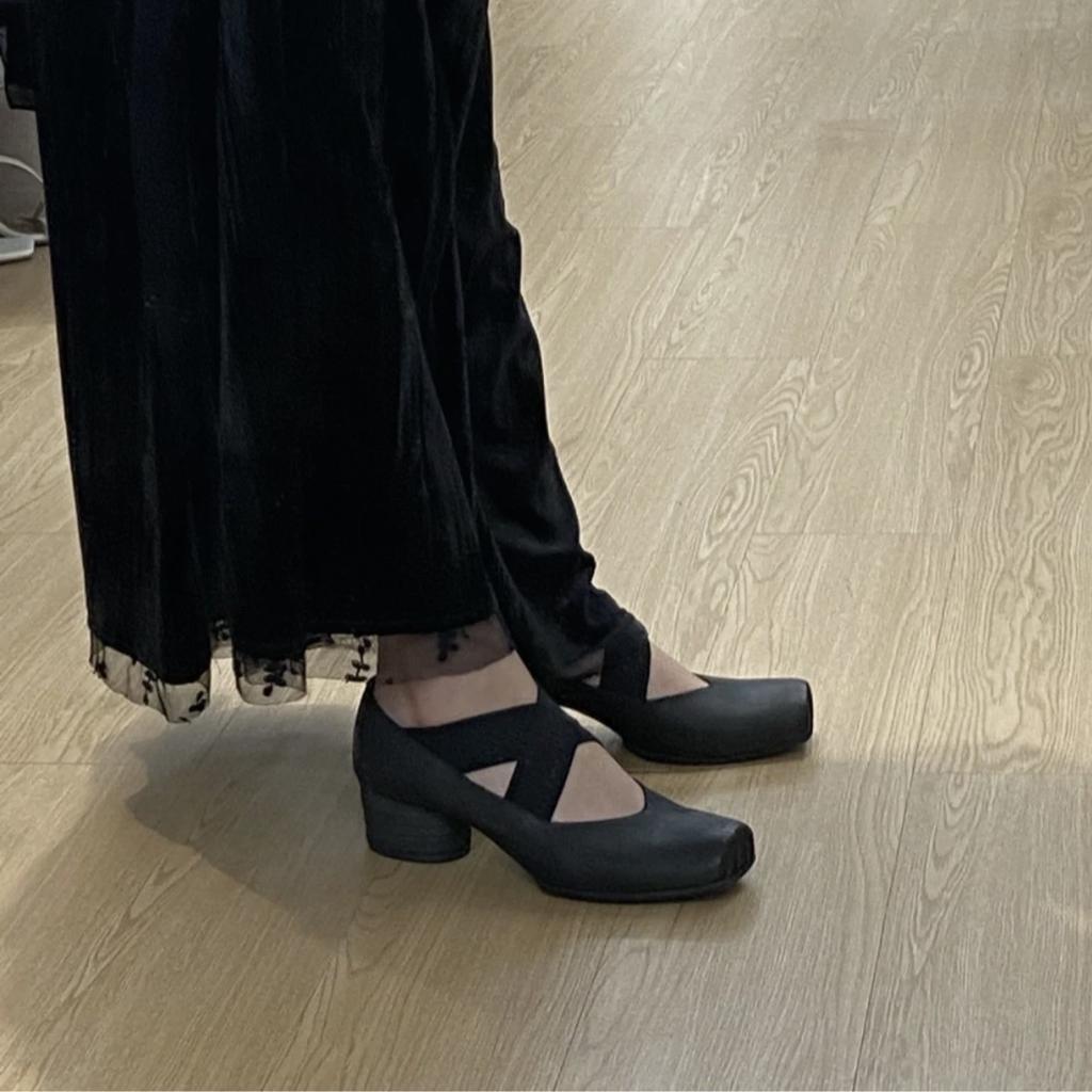 Sheepskin version~ Leather ballet shoes women's retro thick heel single shoes French square head fairy style Mary Jane high heels