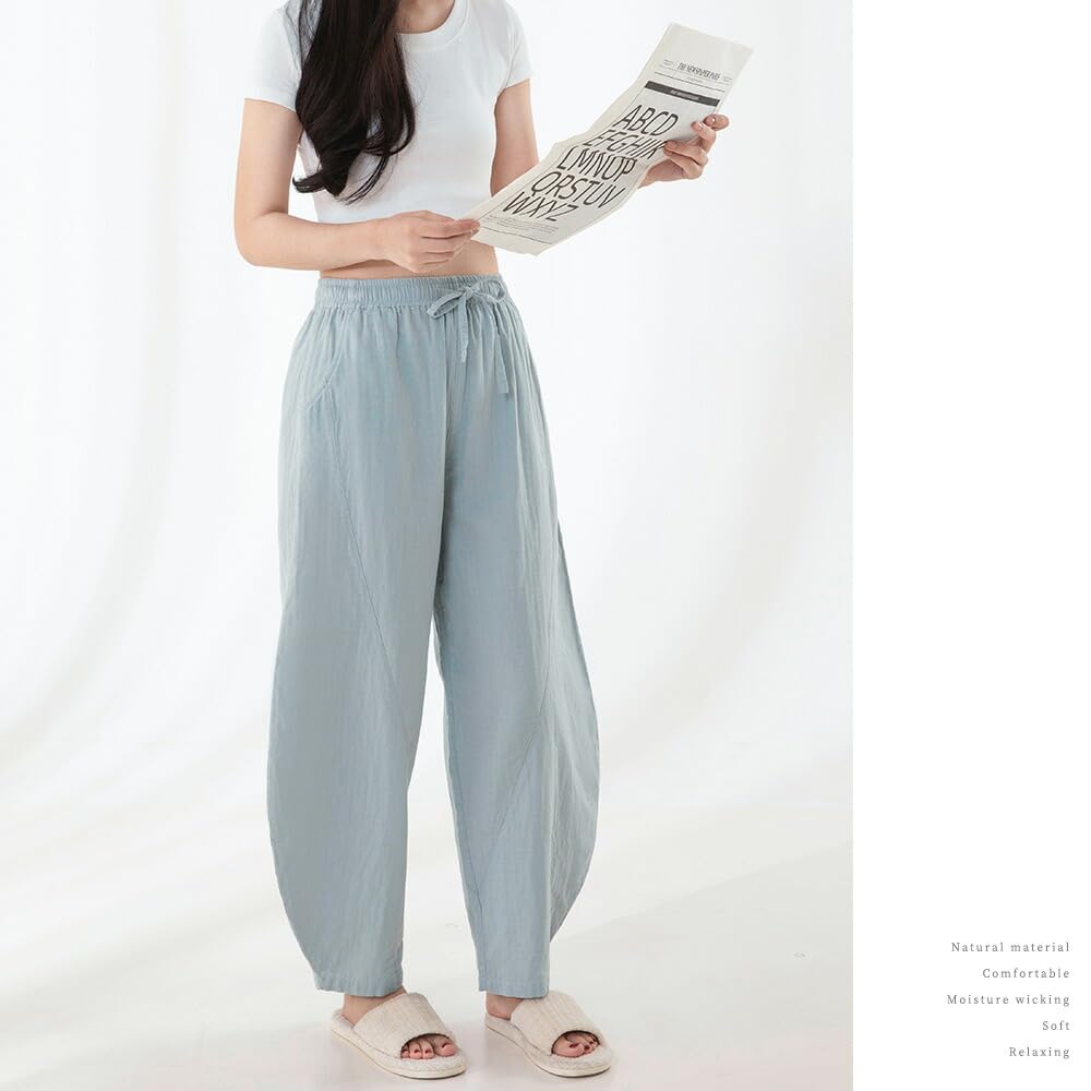 Pajama Double Wide Solid Blue [Yes family] Women's Pants, Gauze, 100% Cotton, Leg, Color, Large,
