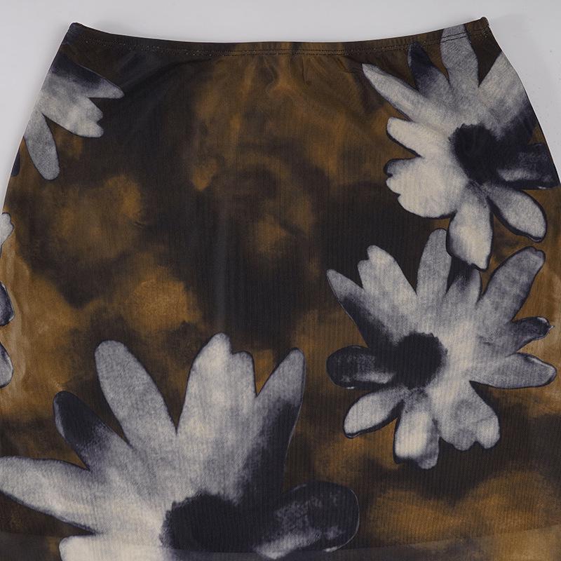 American Retro Floral Mesh Irregular Low Waist Vacation Skirt