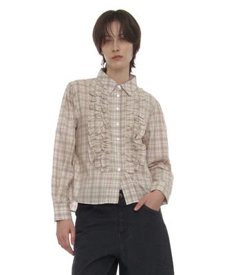 PARTIMENTO WOMEN Country Ruffle Pintuck Shirt_Beige Check