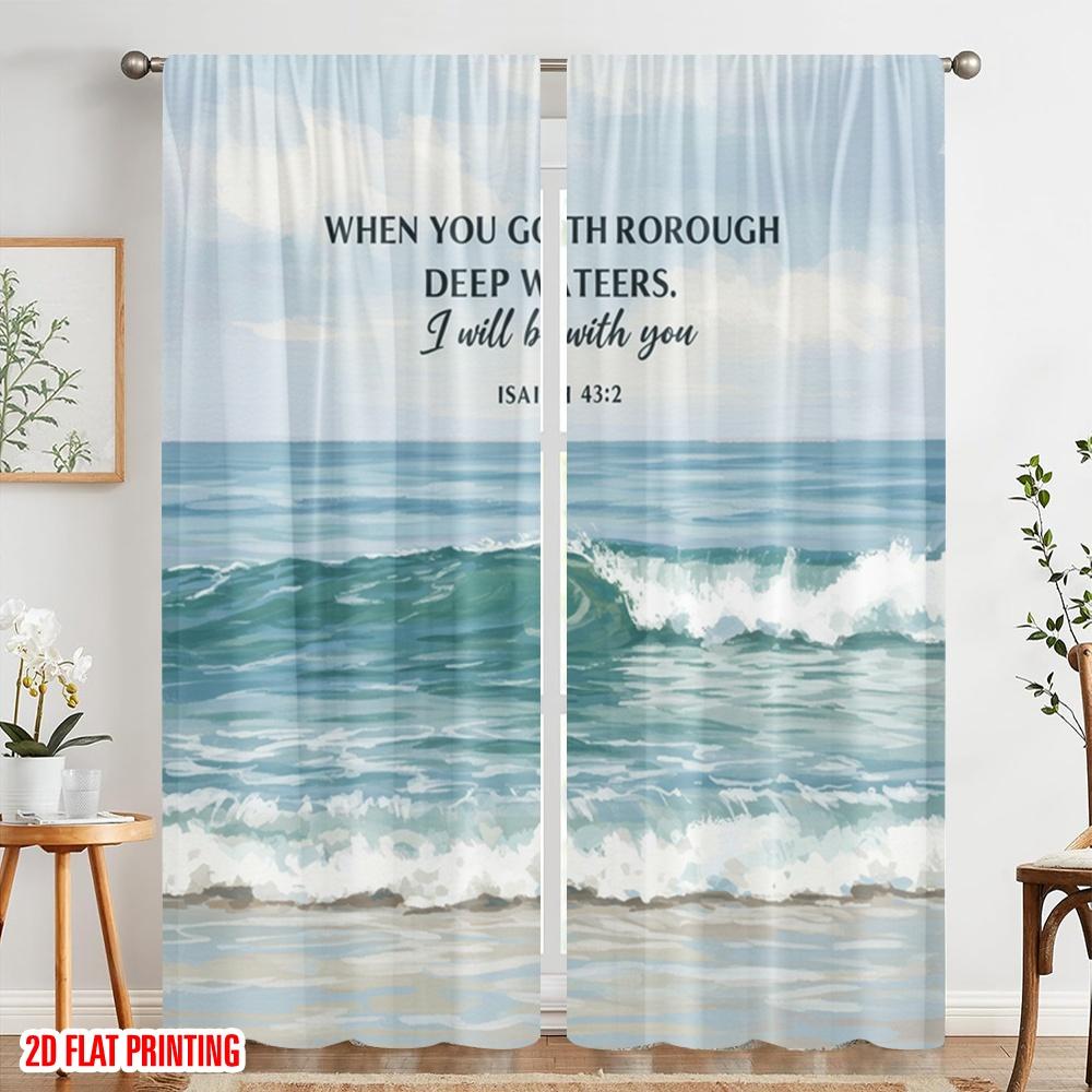 2pcs 2D flat printing Curtain Ocean Waves Bible Verse 100% Polyester Fabric Without Electricity All Season Party & Holiday Decor