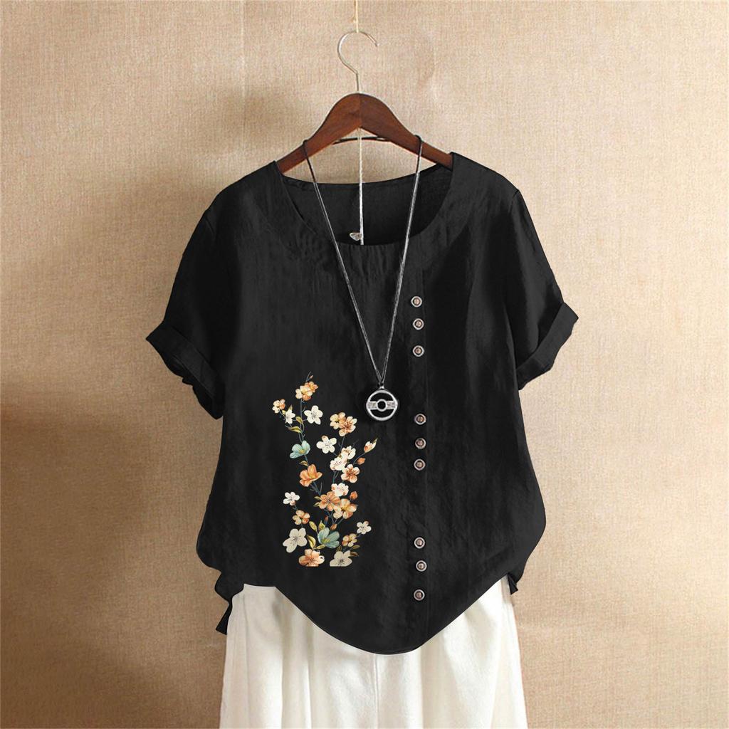 T-shirt Estiva Oversize in Cotone e Lino a Maniche Corte, Abbigliamento Donna Oversize Stampato in Cotone e Lino