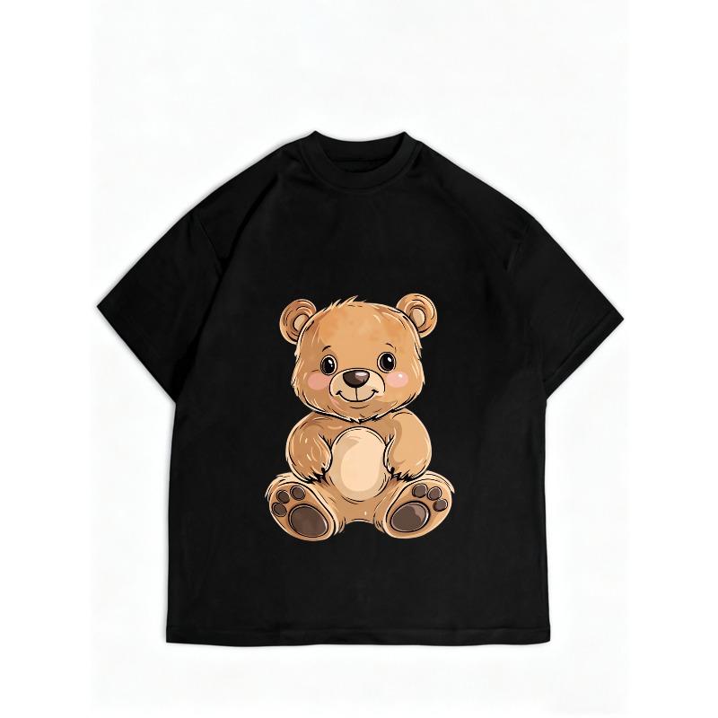 Cute Bear Print Loose T Shirt Black Cartoon Teddy Bear Design Women Casual Wear Summer Top Comfortable Everyday Outfit