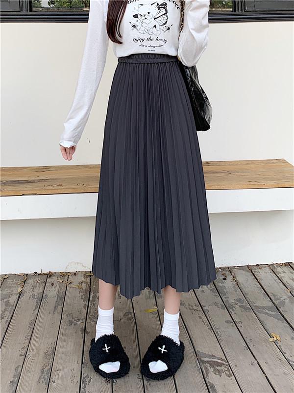 Korean Style Plus Size Pleated Midi A-line Skirt with High Waist Elastic