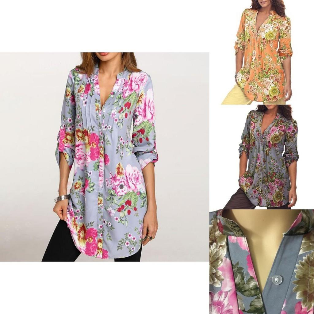 Elegant Bb Women Floral Print V-neck Big Size Tops Tunic For All Seasons