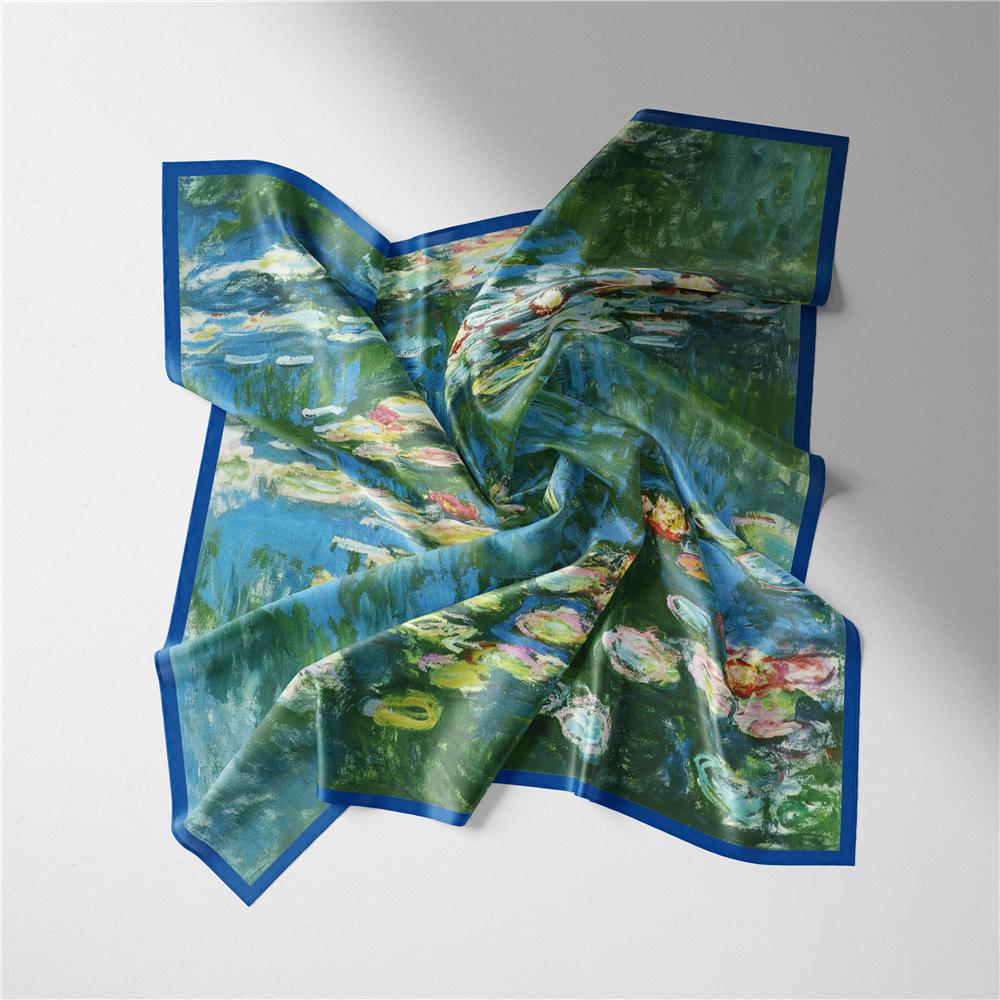 Twill Silk Scarf Woman Nymphaea Painting Square Scarves Wraps Bandana Small Hijab Silk Foulards Tie Headband Neckerchief 53CM