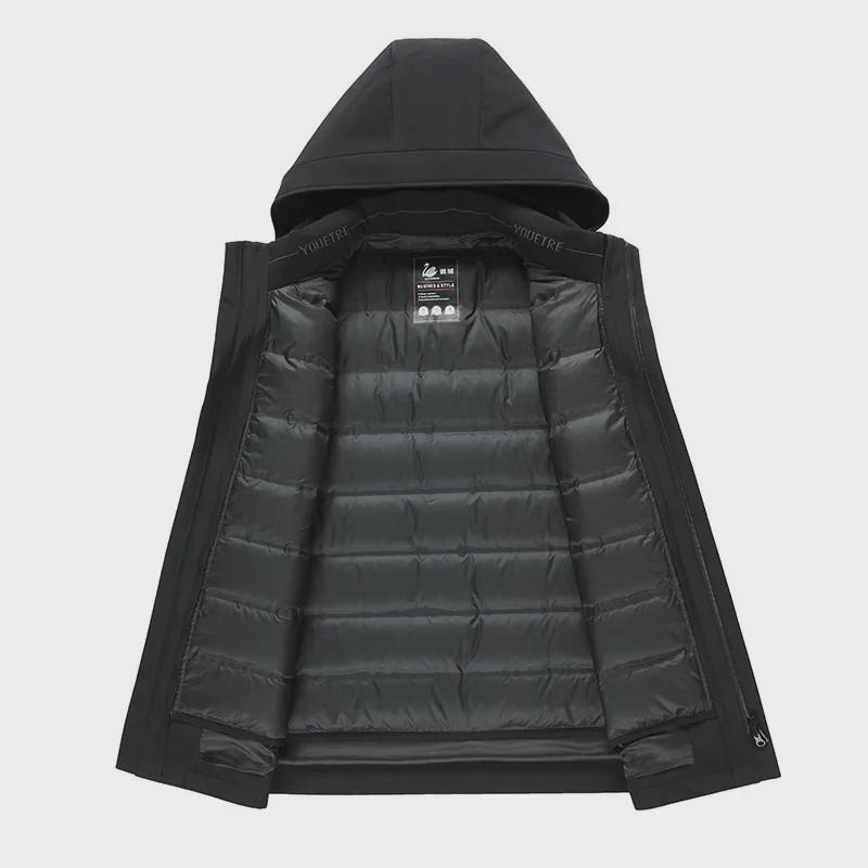Herren-Winterjacke mit Gänsedaunen und Kapuze: Warmes, verdicktes, herausnehmbares Futter, ideal für Menschen mittleren Alters und ältere Menschen, 3-in-1-Kleidung.