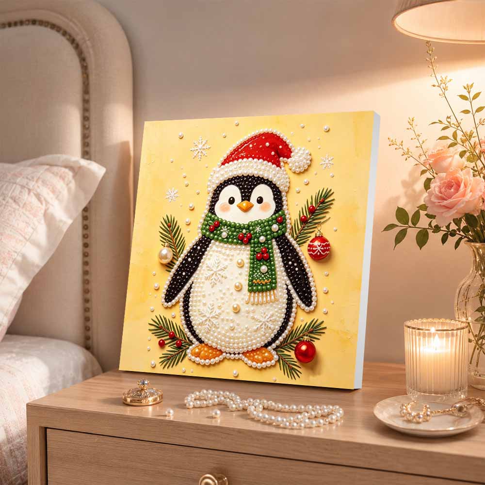 DIY Pearl Diamond Painting Art Kit with Frame Christmas Penguin Home Wall Decor Craft Kit. Wall Decoration Gift