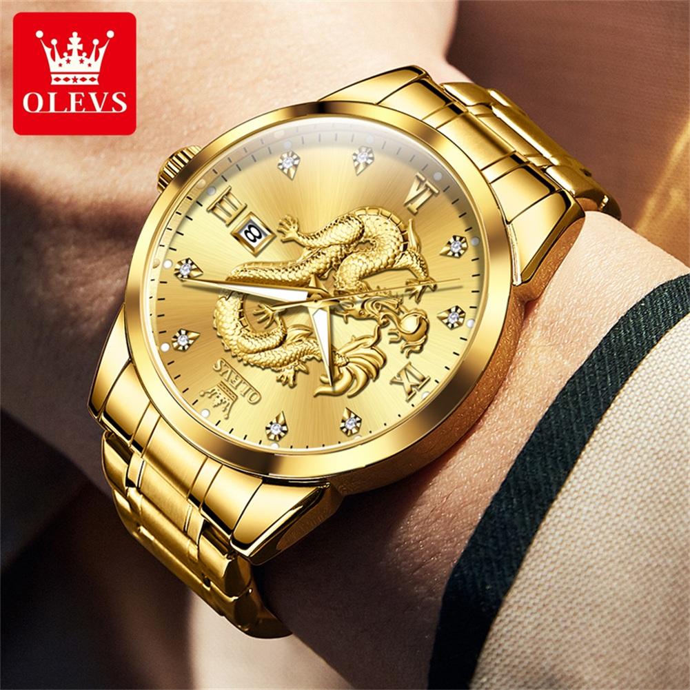OLEVS Mens Watches Top Brand Luxury China Loong Dragon Dial Gold Quartz Watch for Men Waterproof Luminous Date Fashion Wacth Men