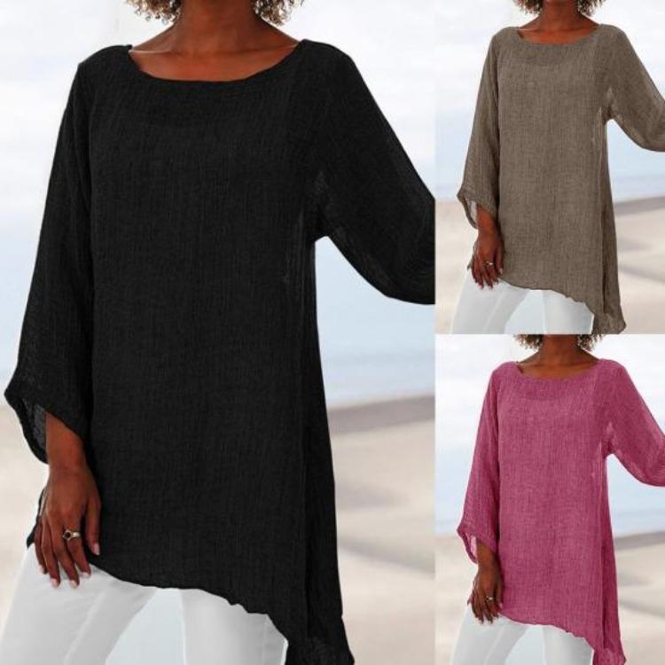 Autumn Chic Loose Pullover Blouse Long Sleeve O Neck Irregular Hem T Shirt Women