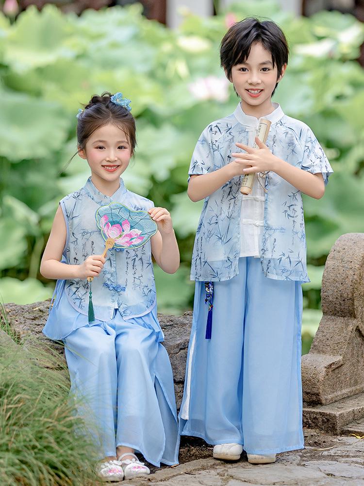 Kids' Hanfu: Emerald Bamboo & Orchid Tang Suit Set - Summer Chinese Style for Boys and Girls Performance