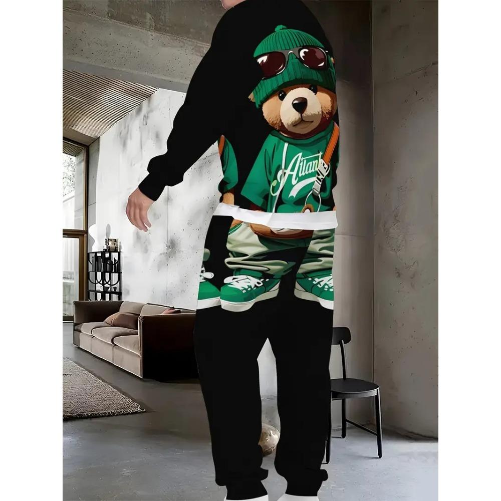 The New Men's Round-neck Sweatshirt Set for Spring and Autumn 2025 Is a Casual Soft and Comfortable 3D Bear Pattern Print