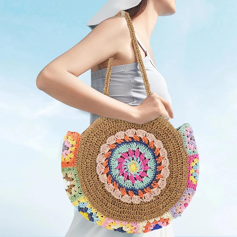 Women Fashion Woven Handbag Round Straw Woven Tote Bag Vacation Shoulder Bag Large Capacity Ethnic Style for Travel Vacation