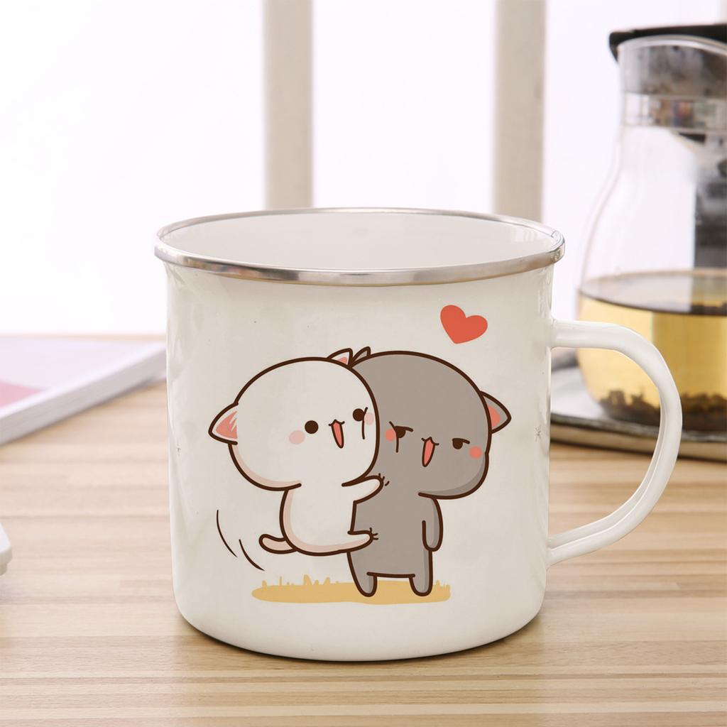 Peach and Goma Cat Enamel Coffee Tea Cup Cute Animal Breakfast Dessert Milk Water Cup Couple Gift