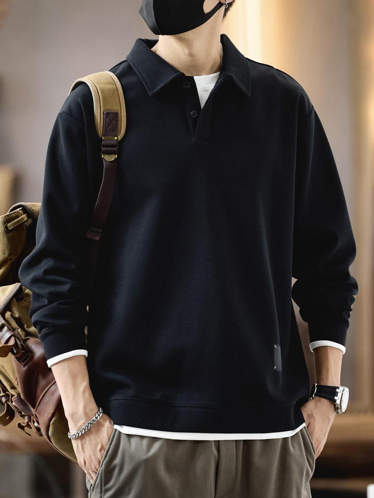 Men's 2025 Autumn Retro Polo Shirt - Trendy Long Sleeve Hoodie with Lapel and Fake Two-Piece Design