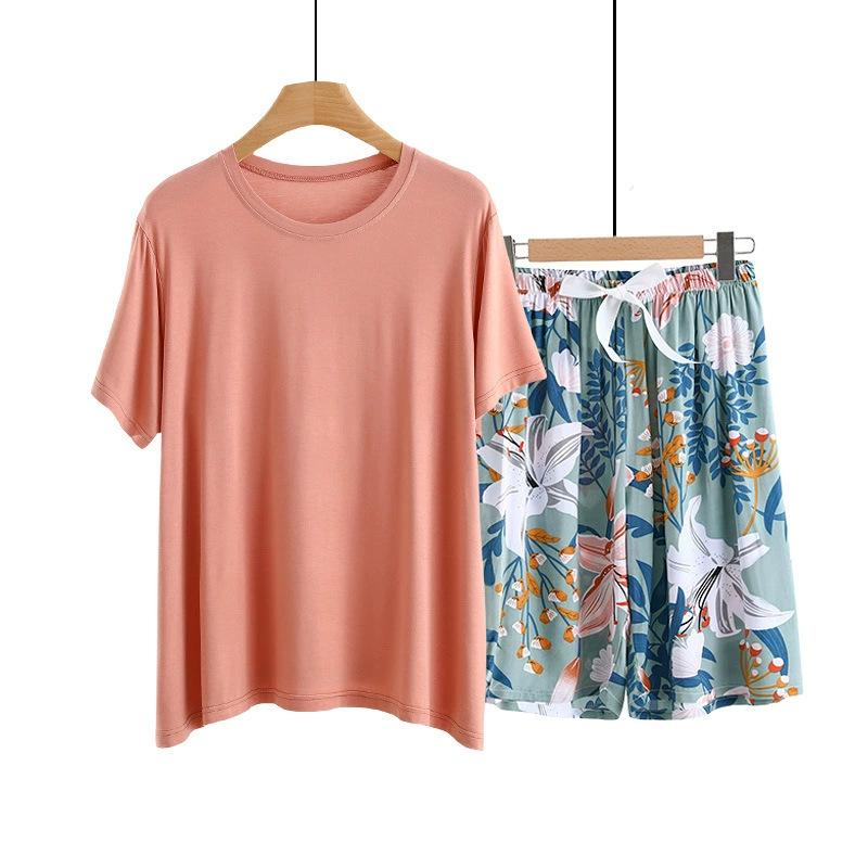 Summer Solid color Tshirts and Print shorts Simple Homewear O-Neck Loose Tshirts and Poplin short pants Casual sleepwear suits
