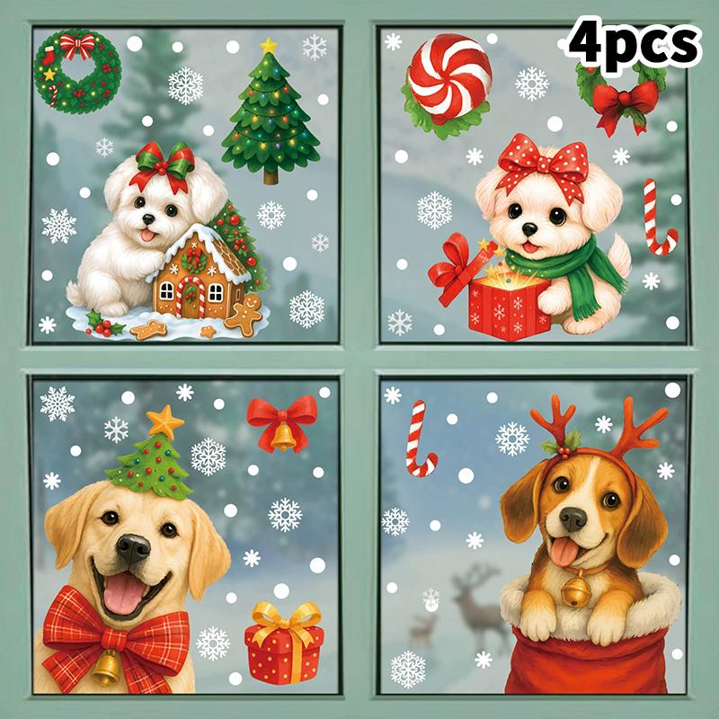 2/4/6/7/8/9Pcs Christmas Decorations Gift Box Static Stickers Shopping Mall Window Decoration Wreath Puppy Glass Stickers