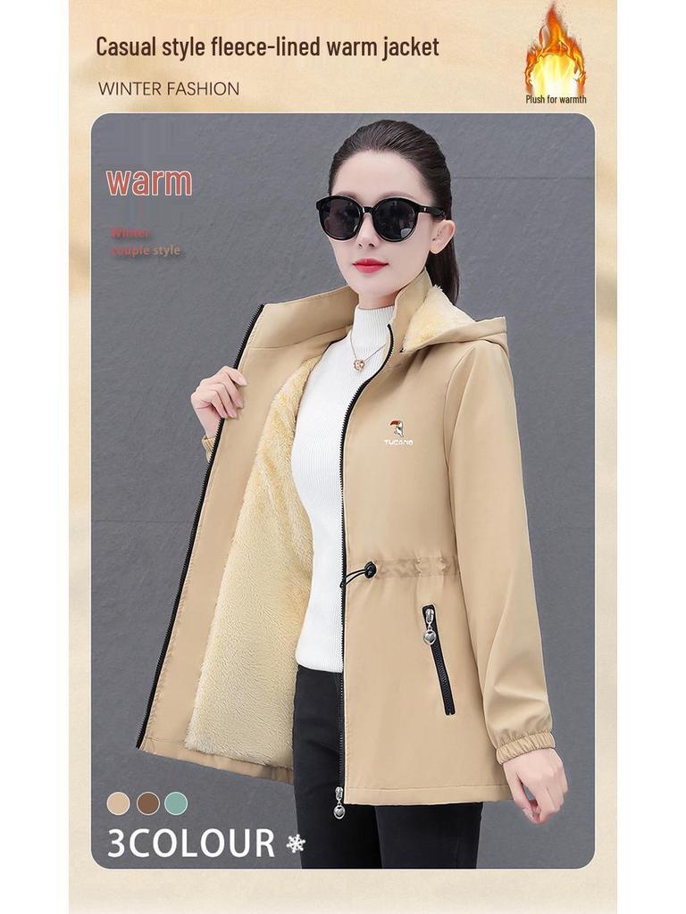 Specht Damen Mittellanger Fleece-Mantel - 2025 Herbst/Winter Warme Verdickte Windbreaker-Jacke