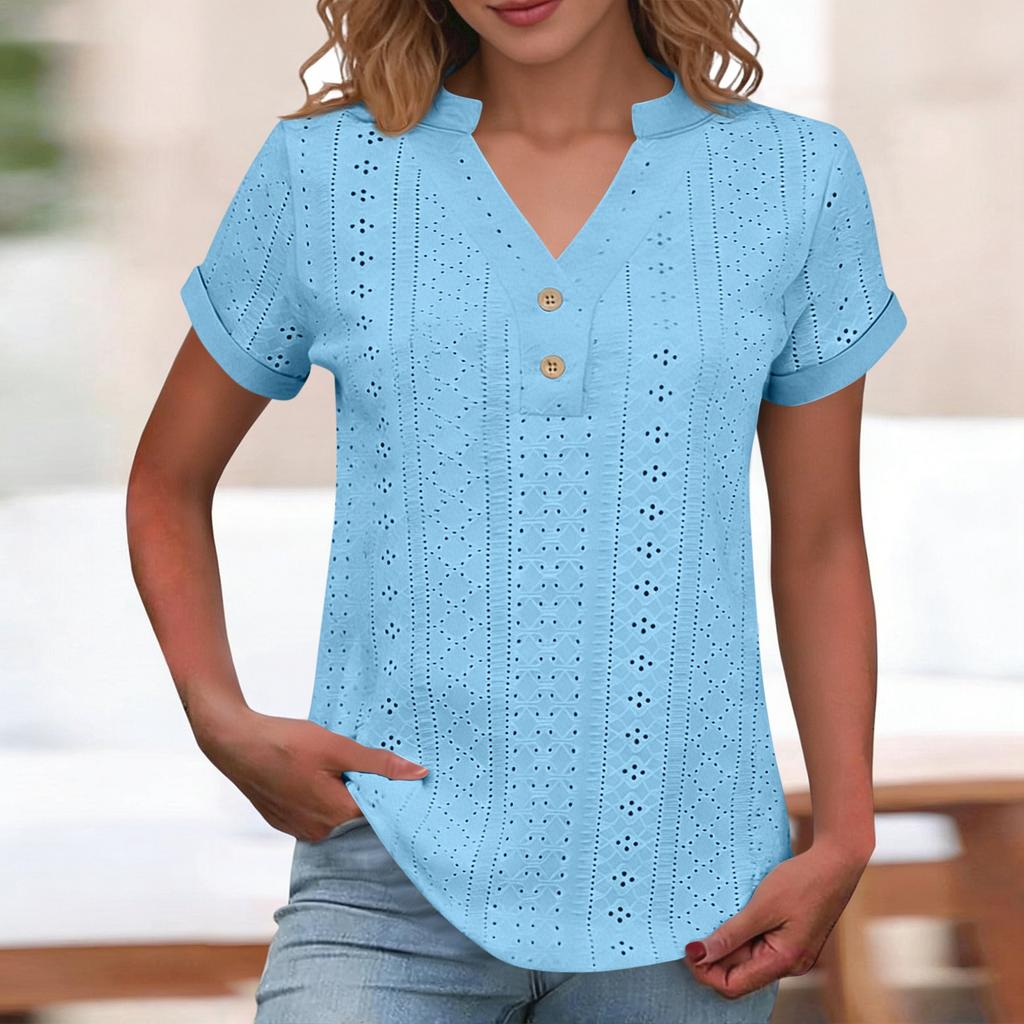 Women Short Sleeve Button Front Eyelet Embroidered Top V Neck Casual Blouse with Rolled Cuffs for Daily Wear