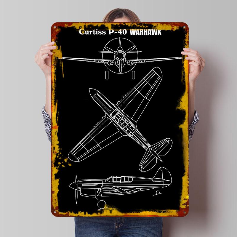 

Curtiss P40 Warhawk Blueprint Tinplate Poster Customized Wall Art Vintage Retro Metal Signs for Coffee Bar Accessories Man Cave 7.9x11.8In(20x30cm)