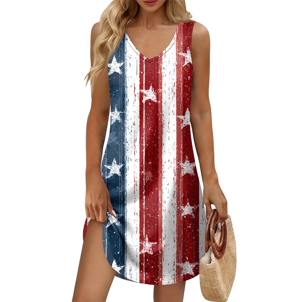 Women's Summer Casual Sun Skirt With Pocket V-Neck Independence Day Printed Loose Vest Dress