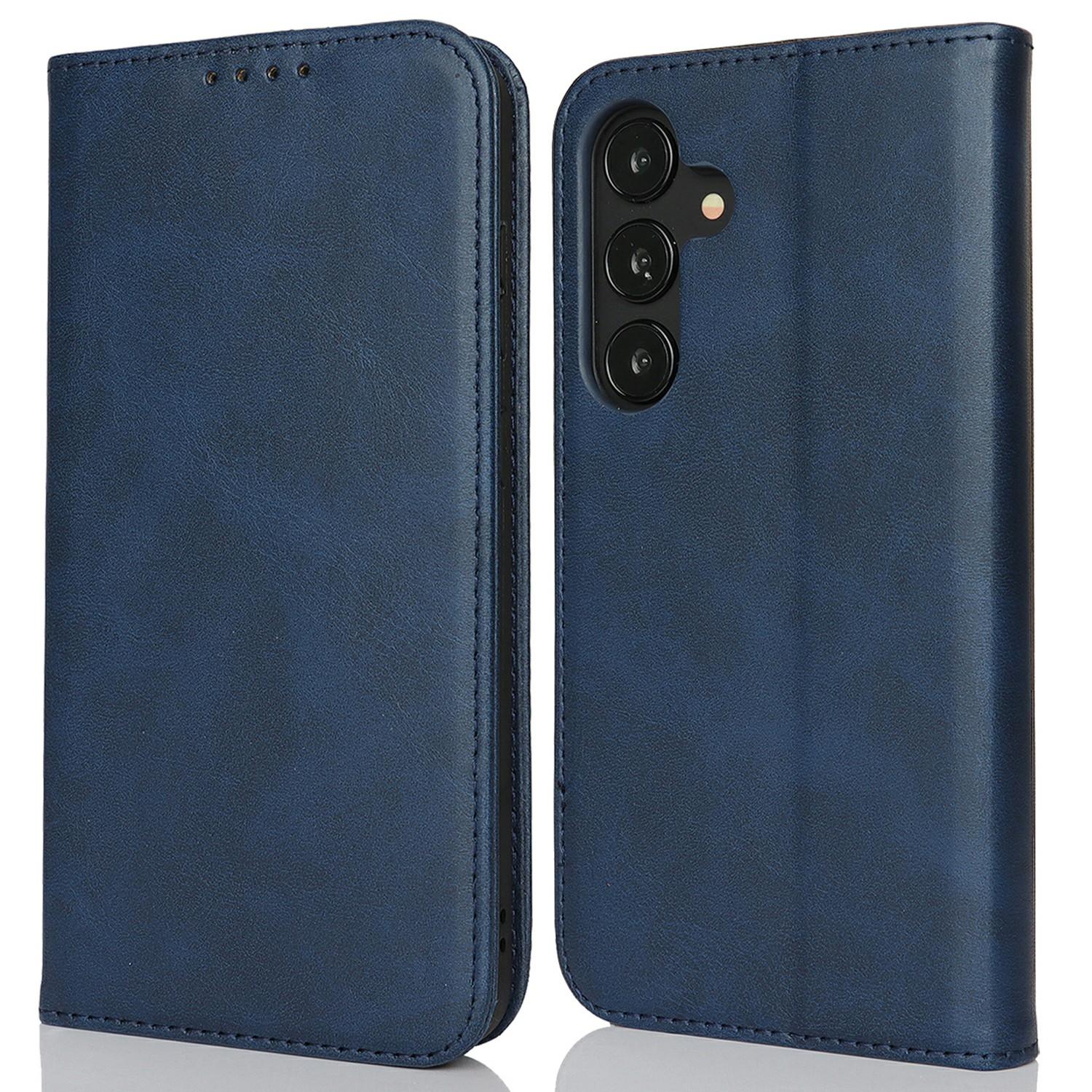 

For Samsung Galaxy S25+ Case PU Leather Calf Textured Magnetic Closing Smart Phone Cover Dark Blue