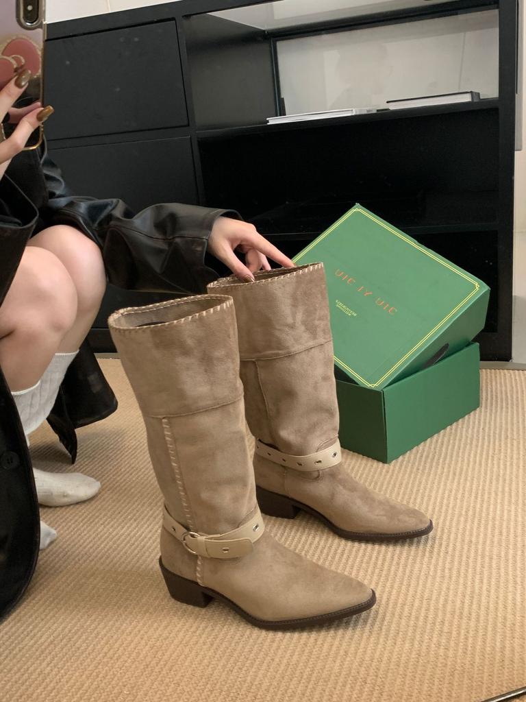 2025 Autumn and Winter Belt Buckle Straight Women's Shoes Retro Women's Shoes Women's Boots Soft Leather Retro Niche Light Luxury