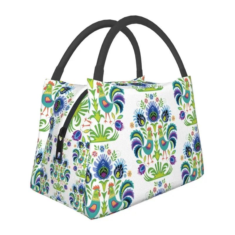 Polish Folk Flowers And Roosters Lunch Box for Women Waterproof Poland Floral Art Cooler Thermal Food Insulated Lunch Bag
