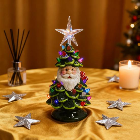 Brad de Crăciun Santa Luminat Decor 11 Inch Rășină Bătrân Brad de Crăciun Lumină cu Lumini Multicolorate Și Vârf Stea pentru Decor de Masă de Sărbători