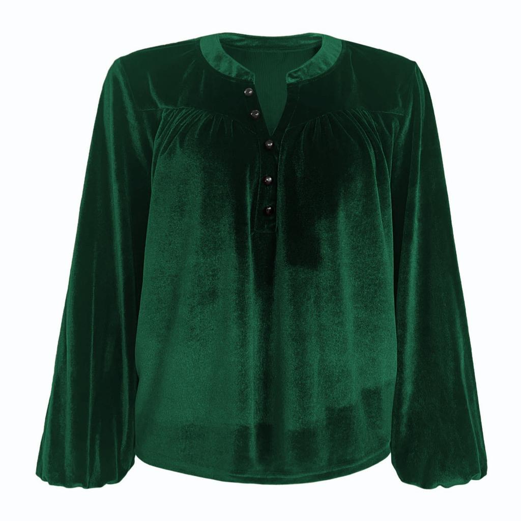 Spring and Autumn New Solid Color Pullover V-Neck Casual Temperament Commuter Button Long Sleeve Top Women