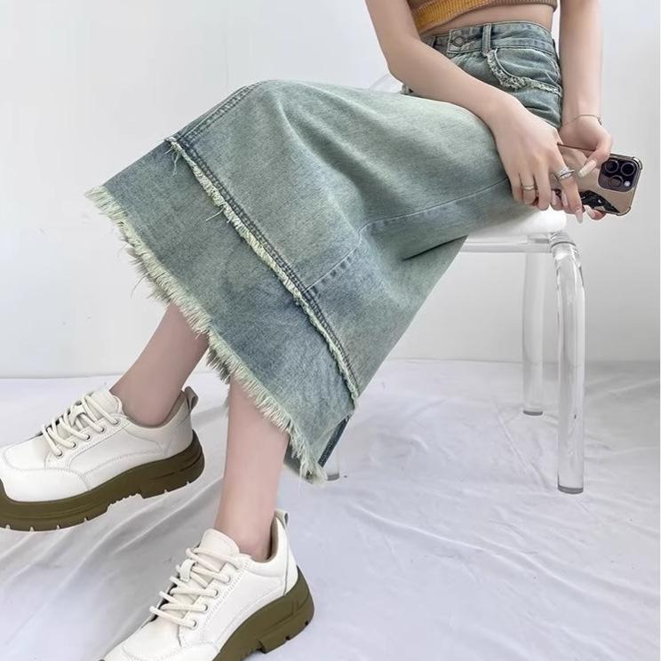 

Женская джинсовая миди-юбка А-силуэта с высокой талией и бахромой - от маленького до большого размера, коллекция весна/лето 3XL