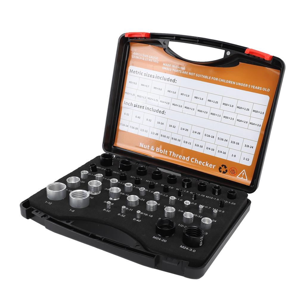 44PCS Kontrola závitů matic a šroubů z hliníku s vysokou přesností, identifikační měřidlo pro šrouby a matice s úložným boxem