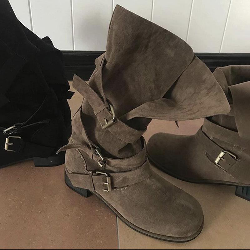 

Версия из коровьей кожи~ Корейская нишевая пряжка для ремня ковбойские сапоги в западном стиле женские матовые сапоги средней длины с двумя вариантами носки на толстом каблуке сапоги-рыцари 40